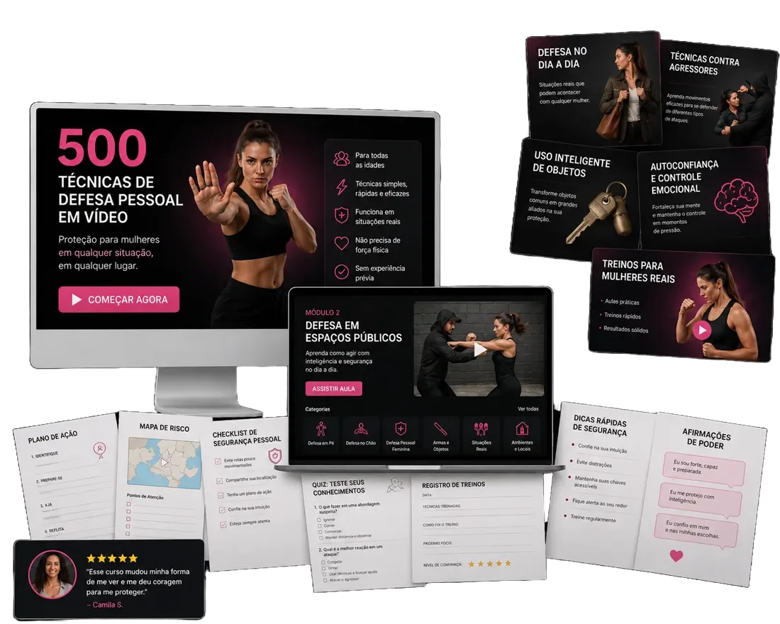 Mockup do curso 500 exercícios de defesa pessoal para mulheres