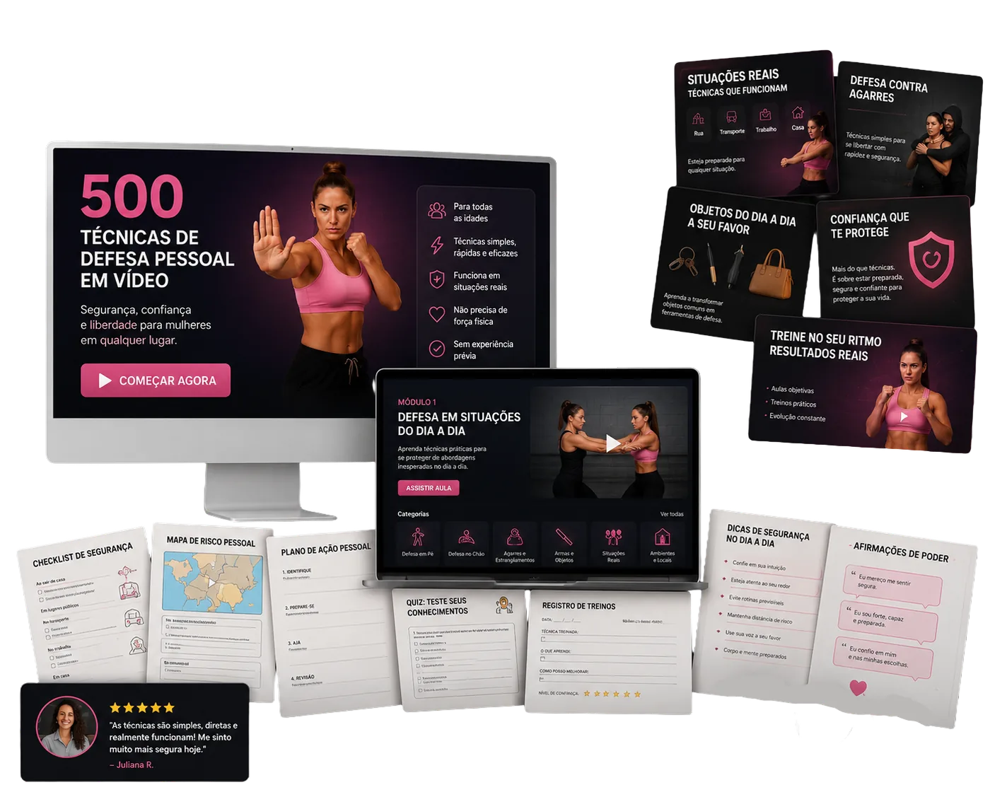 Mockup do curso 500 exercícios de defesa pessoal para mulheres